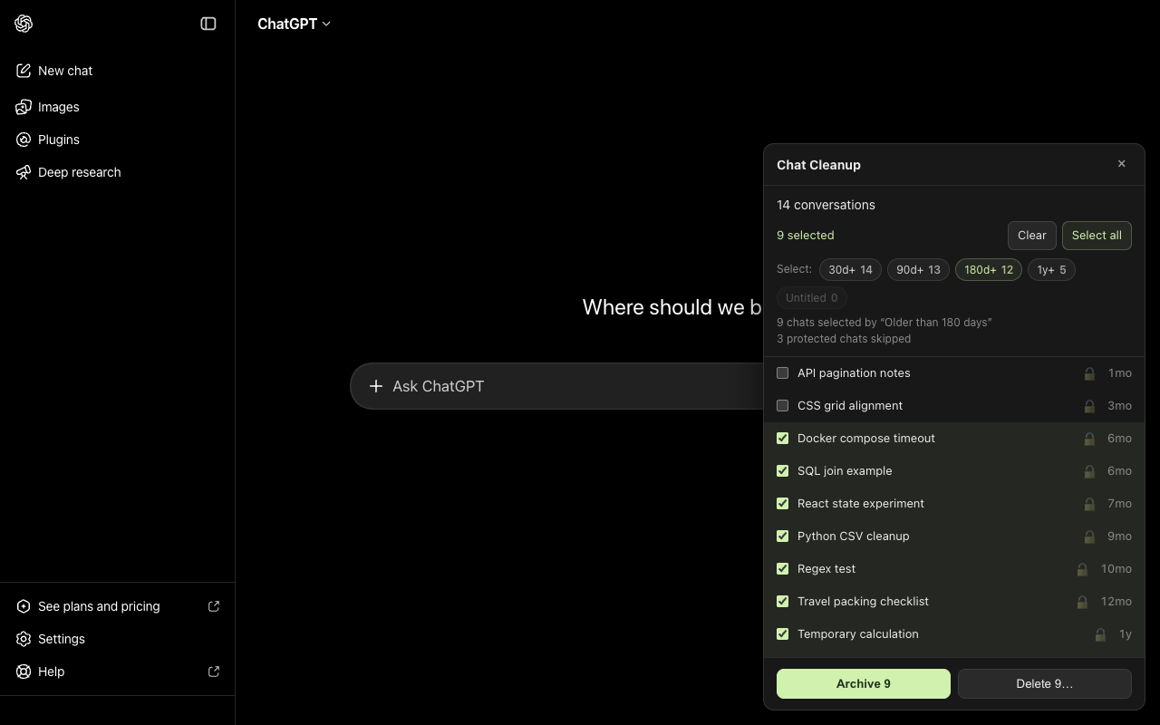 The Chat Cleanup panel open on chatgpt.com, with an age filter selecting nine chats older than 180 days and three protected chats skipped.